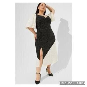 Torrid Black White Stretch Polka Dot Puff Sleeve Slit Midi Dress Plus Size 3X